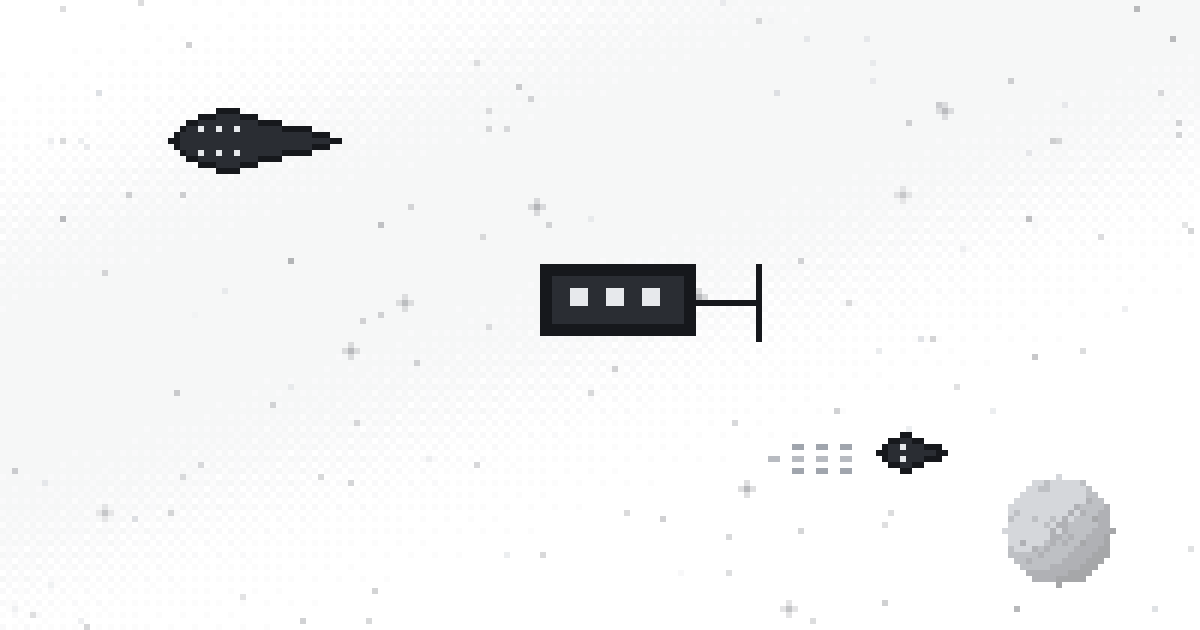 Pixel art of three spacecraft: a large freighter, a docked station module, and a small fast ship