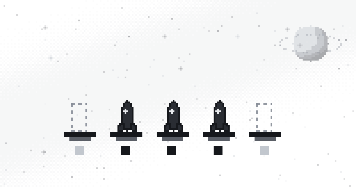 Pixel art of five launch pads labeled as weekdays, rockets standing on three of them