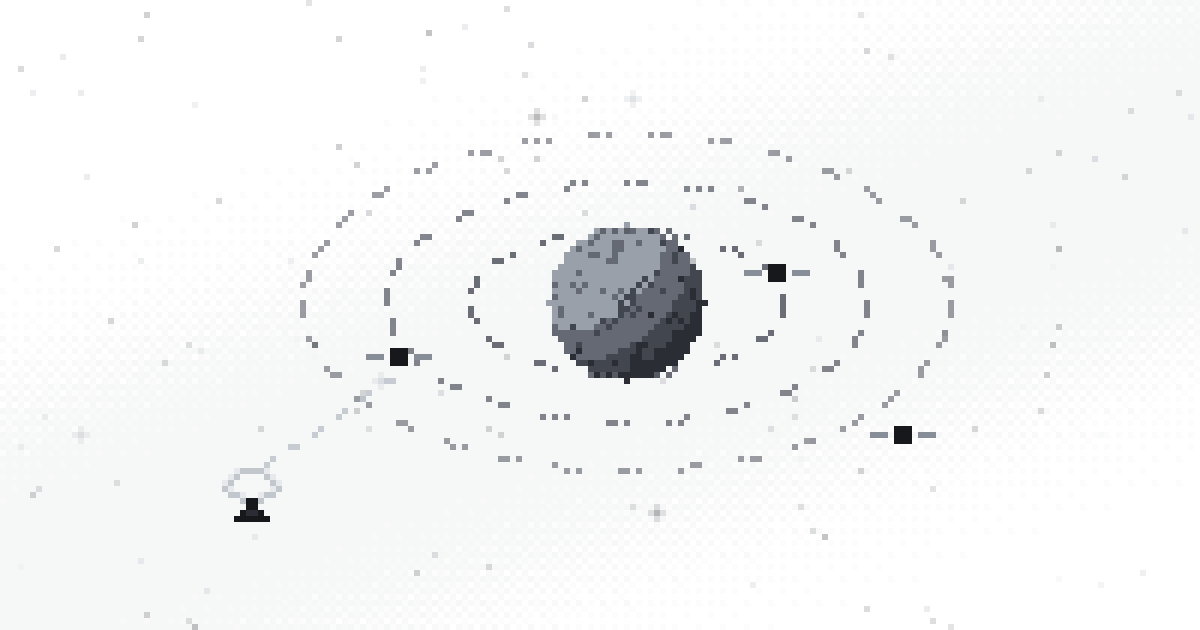 Pixel art of a planet with satellites on dashed orbit paths and a ground dish coordinating them