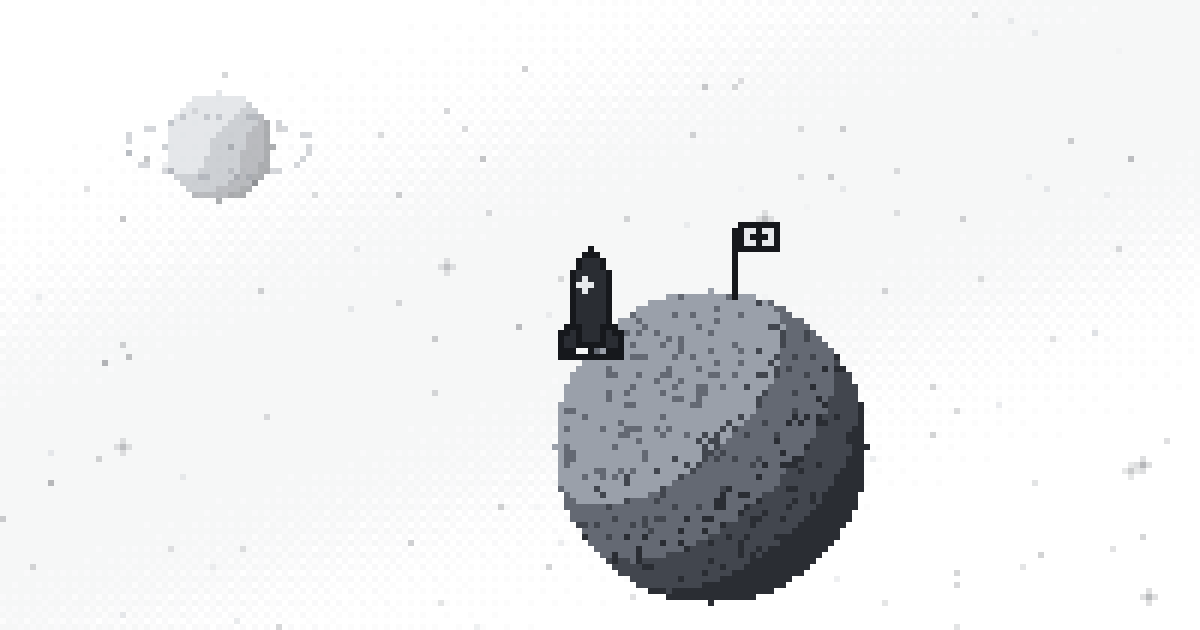 Pixel art of a rocket parked on a cratered moon with a price flag planted at the summit