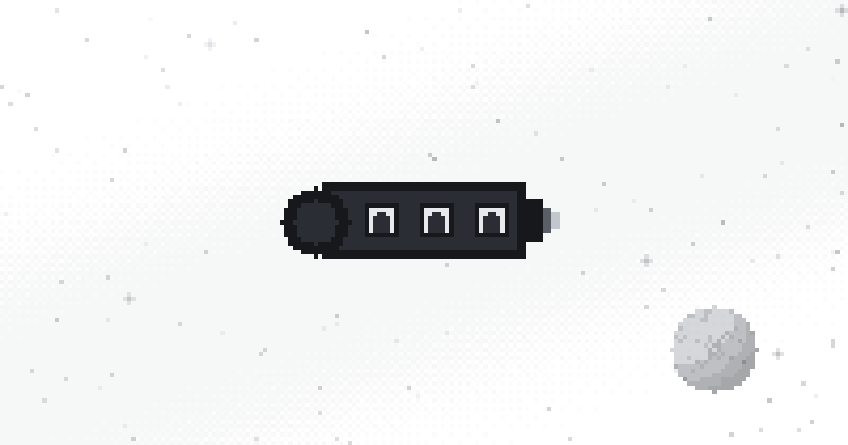 Pixel art of a compact capsule ship with three portholes, one crew member visible in each