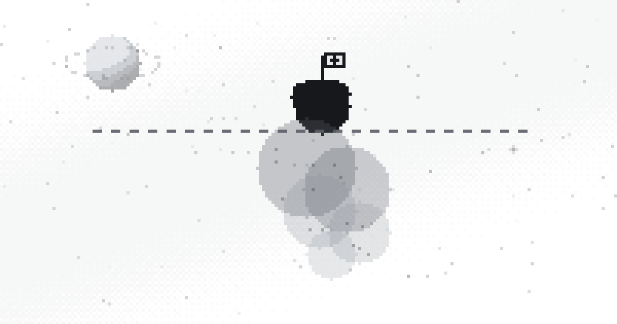 Pixel art of an asteroid iceberg: a small lit tip above a dashed line, a large hidden mass below